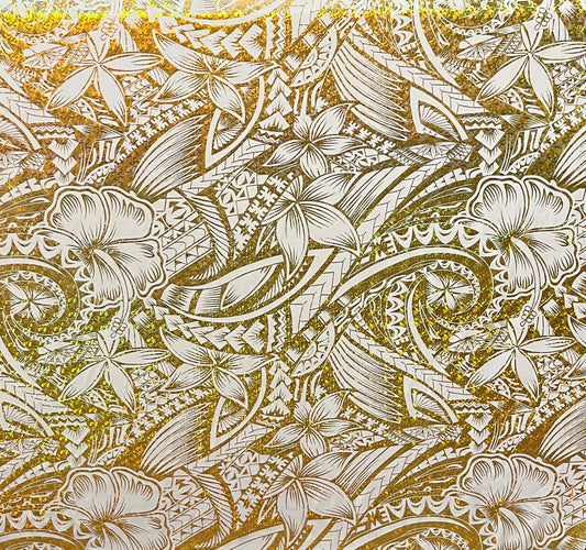 Hibiscus Plumeria Polynesian Tattoo Polyester Foil Fabric | Islands Fabric