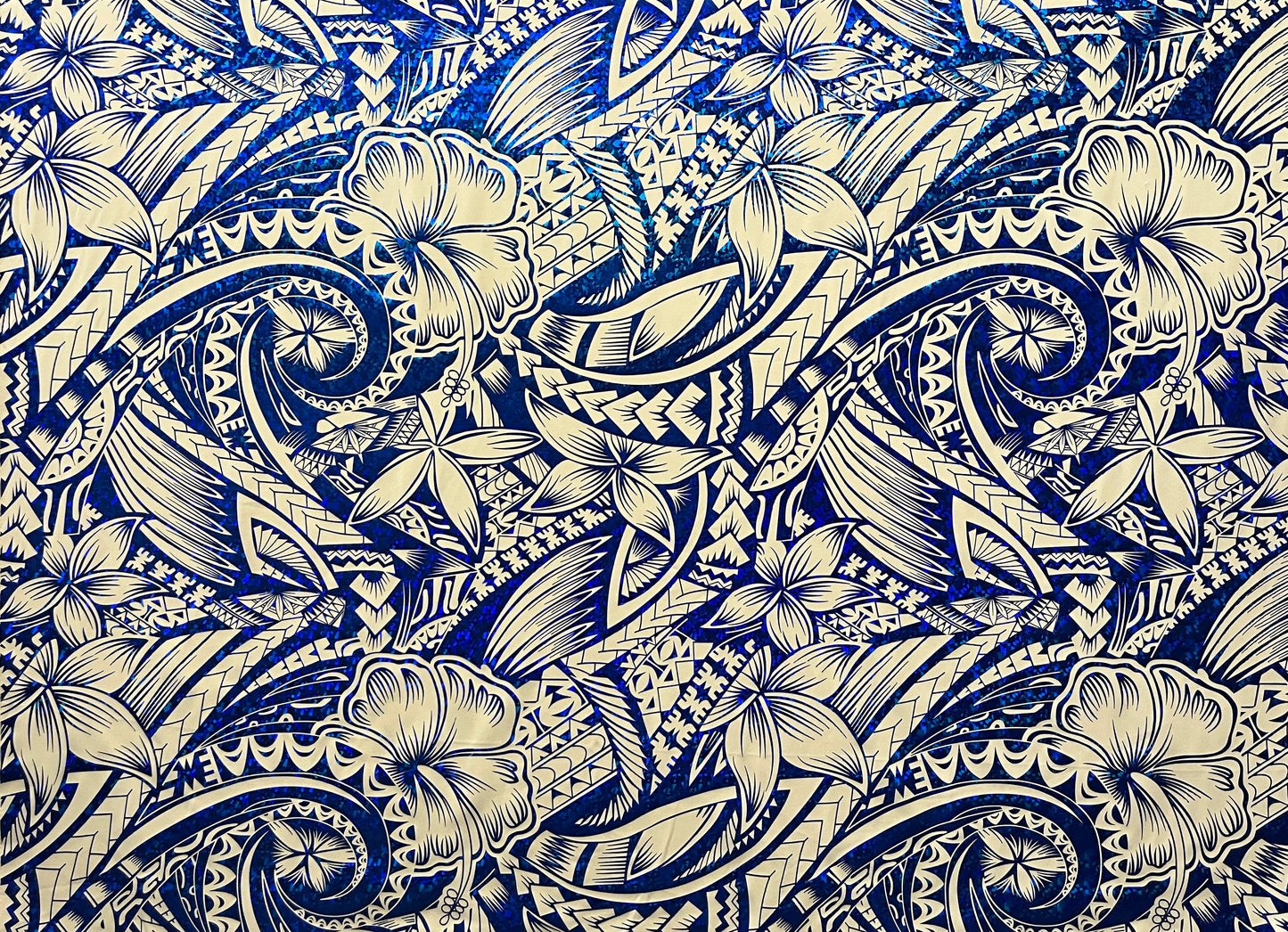 Hibiscus Plumeria Polynesian Tattoo Polyester Foil Fabric | Islands Fabric