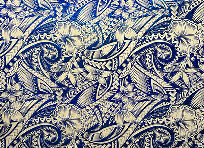 Hibiscus Plumeria Polynesian Tattoo Polyester Foil Fabric | Islands Fabric