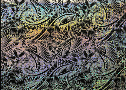 Hibiscus Plumeria Polynesian Tattoo Polyester Foil Fabric | Islands Fabric
