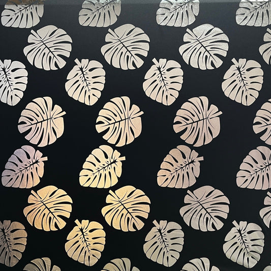 All Over Monstera Leaf Design Polyester Foil Fabric | Islands Fabric