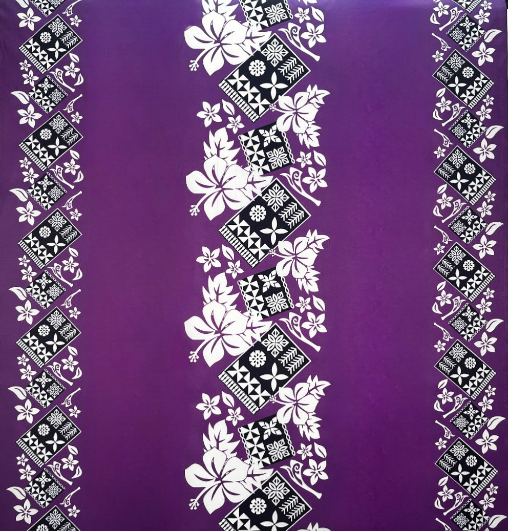 Hibiscus Tropical Leaves w/ Patches of Traditional Tapa Double Border Polyester Fabric | Islands Fabric