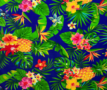 Pineapple, Tropical Flowers & Leaves Cotton Fabric | Islands Fabric