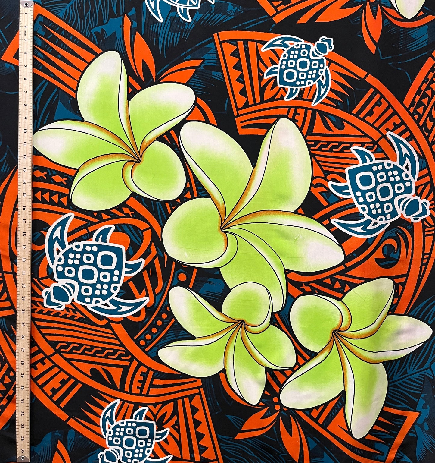 Plumeria Turtles Traditional Tribal design Peachskin Fabric | Islands Fabric