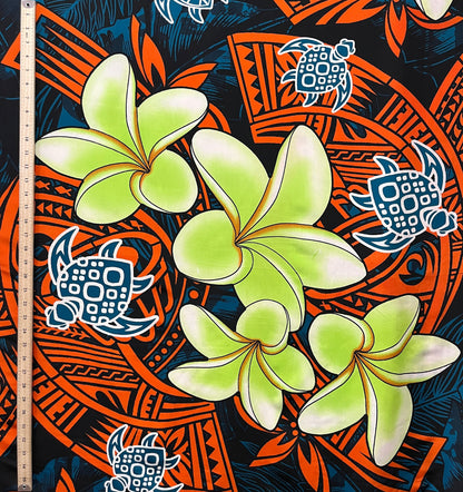 Plumeria Turtles Traditional Tribal design Peachskin Fabric | Islands Fabric