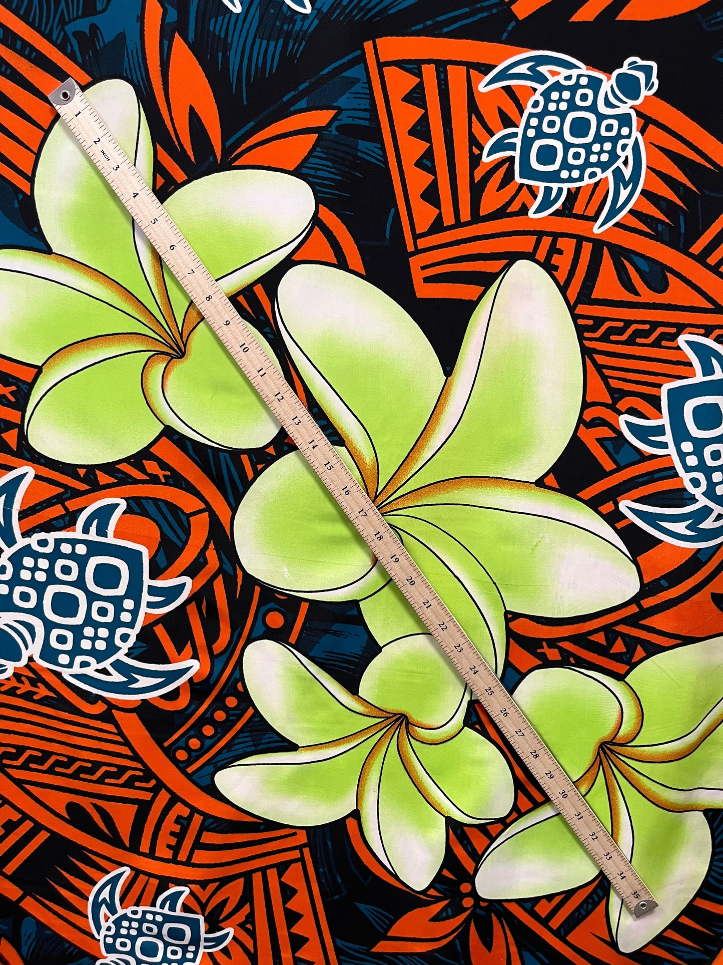 Plumeria Turtles Traditional Tribal design Peachskin Fabric | Islands Fabric