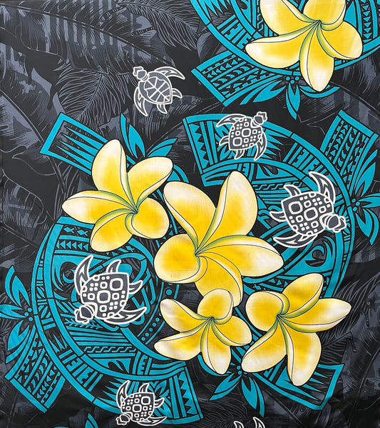 Plumeria Turtles Traditional Tribal design Peachskin Fabric | Islands Fabric