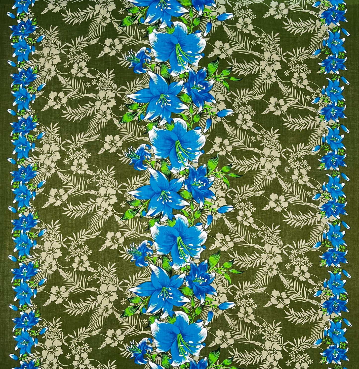 Triple Lily Border with tropical Flowers & Leaves Rayon Fabric | Islands Fabric