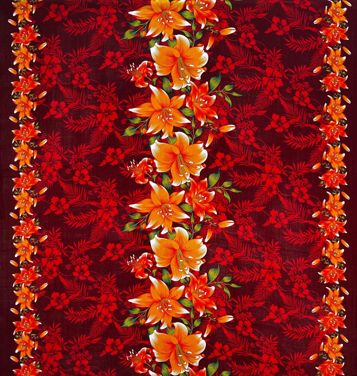 Triple Lily Border with tropical Flowers & Leaves Rayon Fabric | Islands Fabric