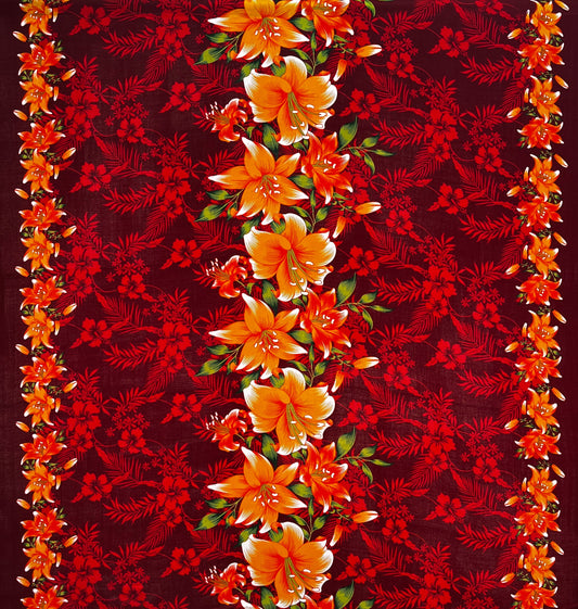 Triple Lily Border with tropical Flowers & Leaves Rayon Fabric | Islands Fabric