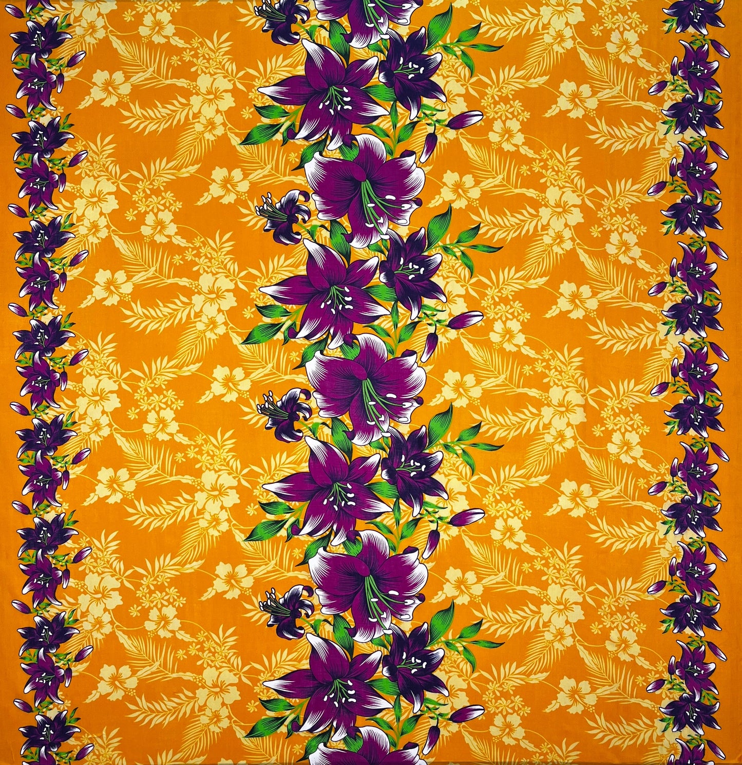 Triple Lily Border with tropical Flowers & Leaves Rayon Fabric | Islands Fabric