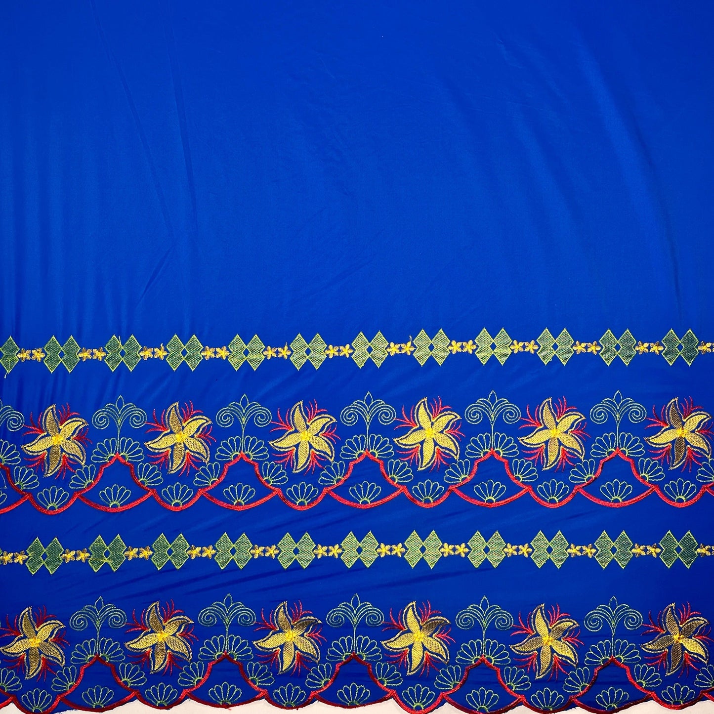 Plumeria Flower Embroidered Double Border Polyester Fabric | Islands Fabric