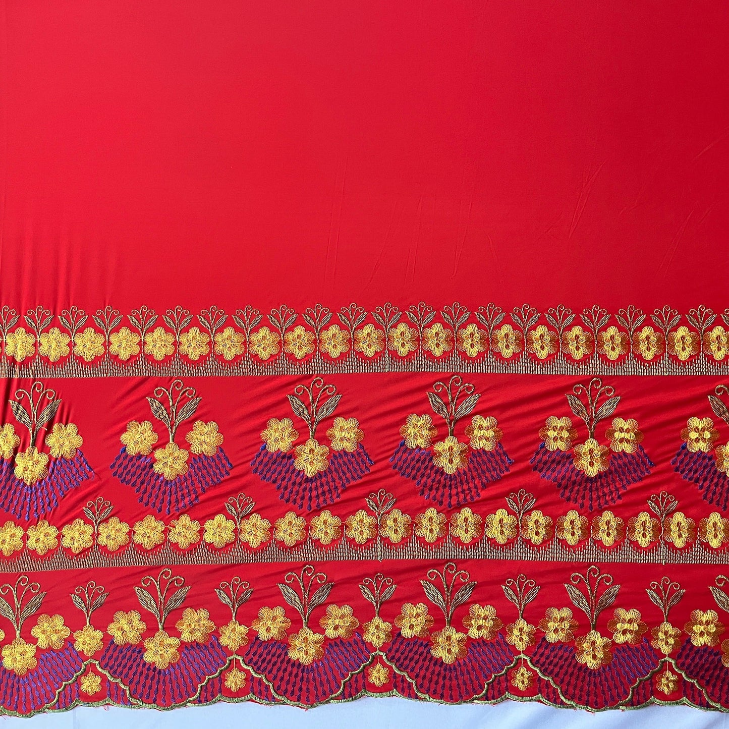 Hibiscus Double Border Embroidered Polyester Fabric| Islands Fabric