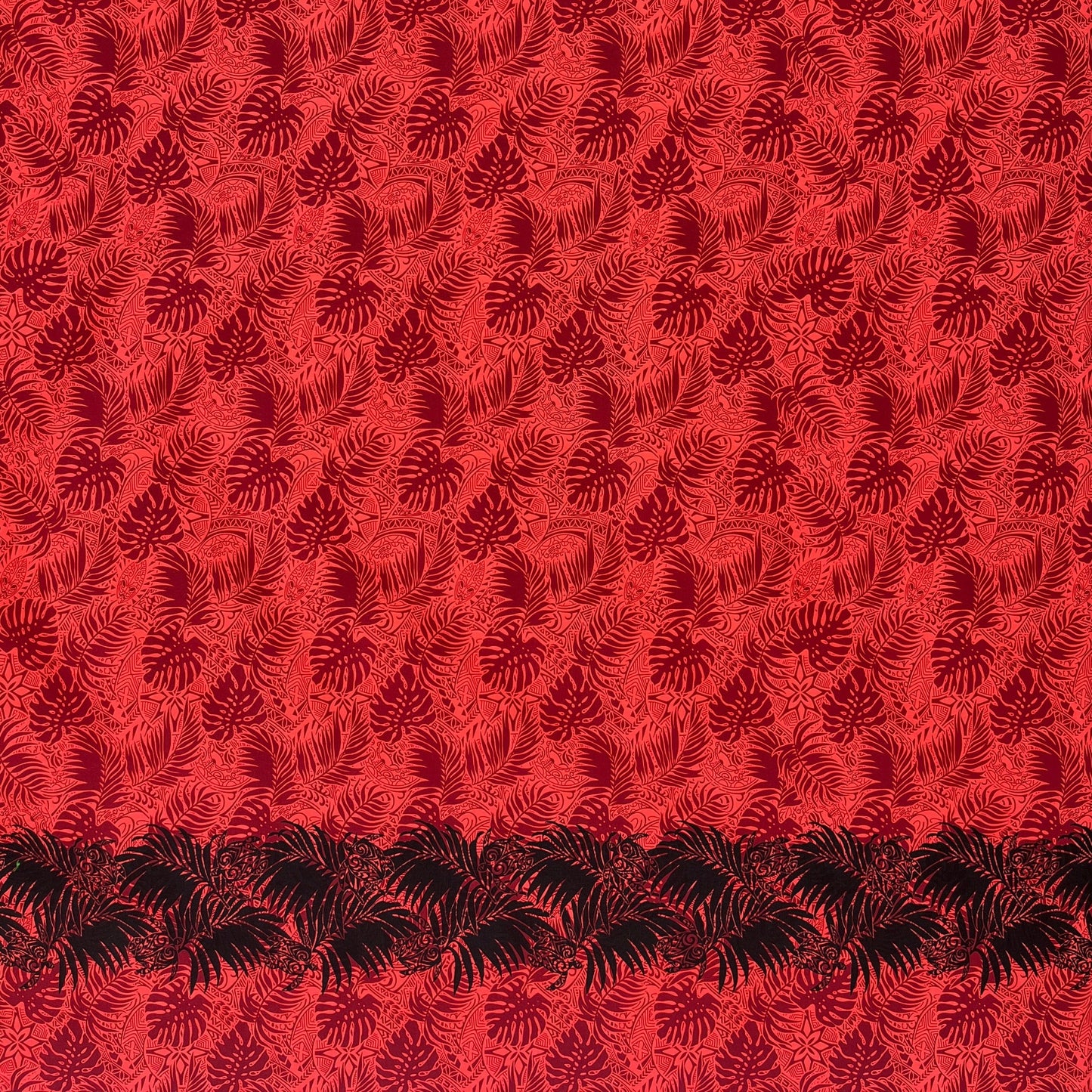 All Over Monstera Leaves Firm Fen Turtle Single Border Poly-Cotton | Islands Fabric