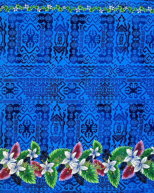 Tropical Flowers and Leaves Double Border Peachskin Fabric | Islands Fabric