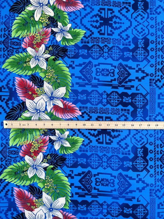 Tropical Flowers and Leaves Double Border Peachskin Fabric | Islands Fabric