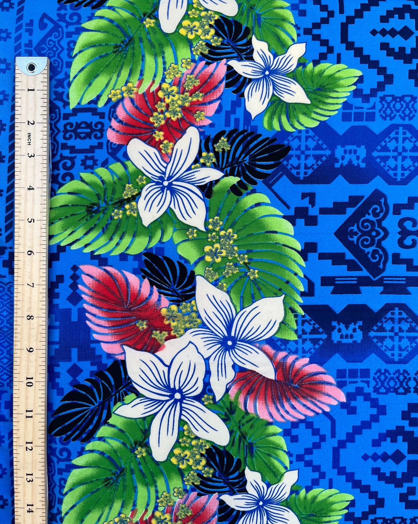 Tropical Flowers and Leaves Double Border Peachskin Fabric | Islands Fabric