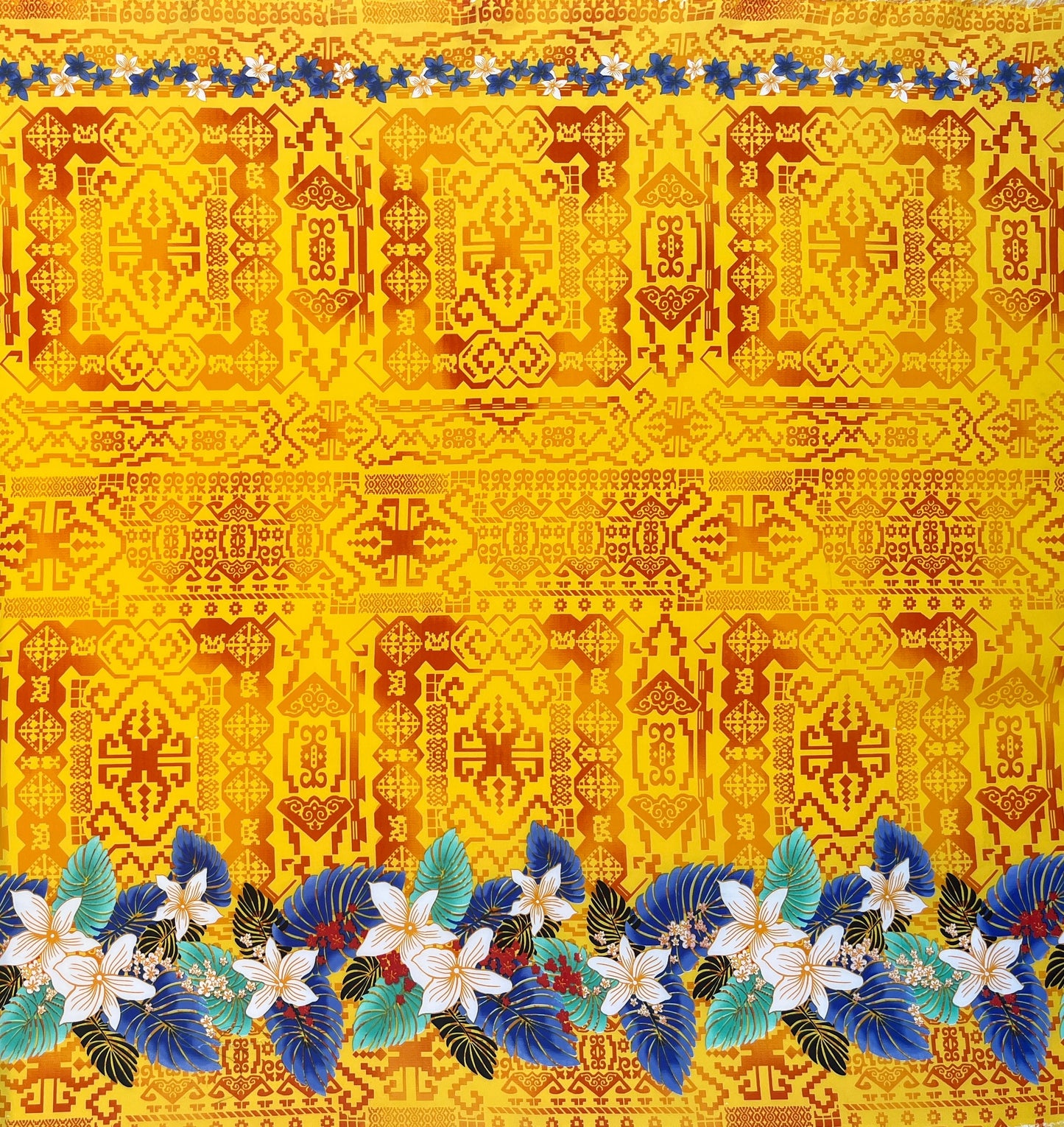 Tropical Flowers and Leaves Double Border Peachskin Fabric | Islands Fabric