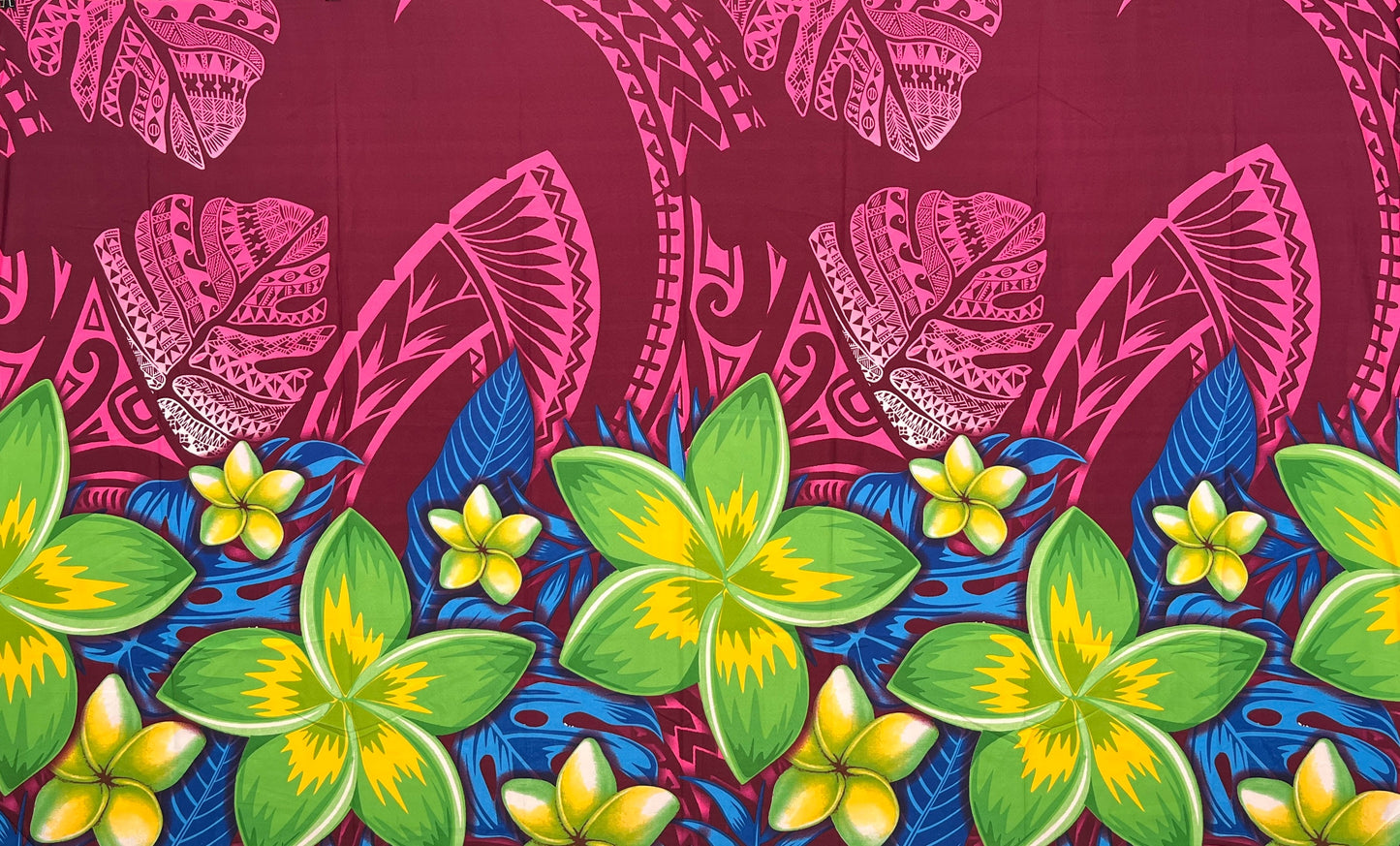 Tribal Tattoo Monstera leaves w/ Plumerias Sarong | Islands Fabric