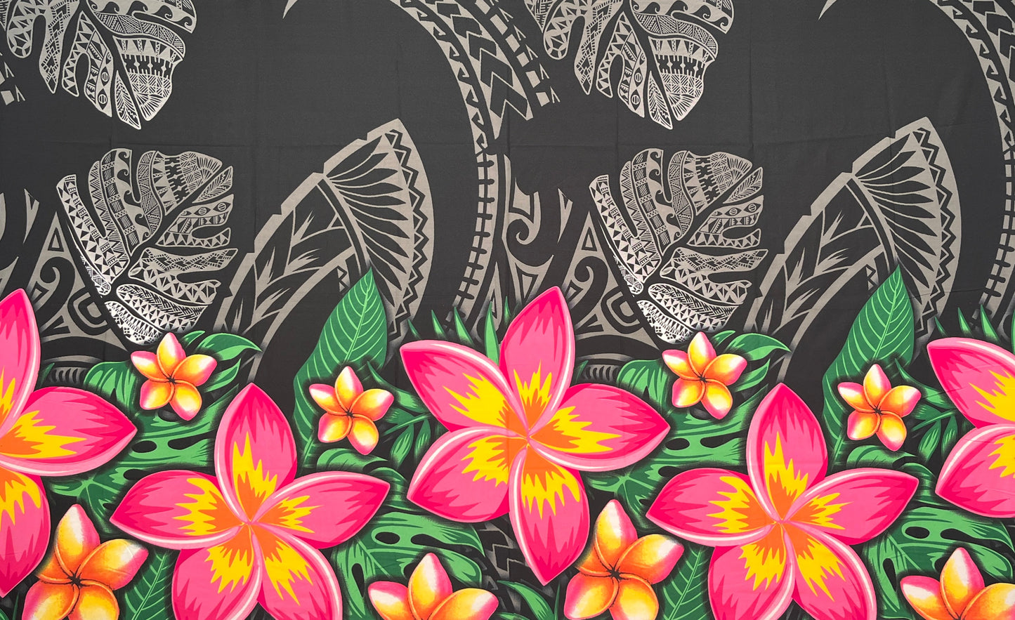 Tribal Tattoo Monstera leaves w/ Plumerias Sarong | Islands Fabric