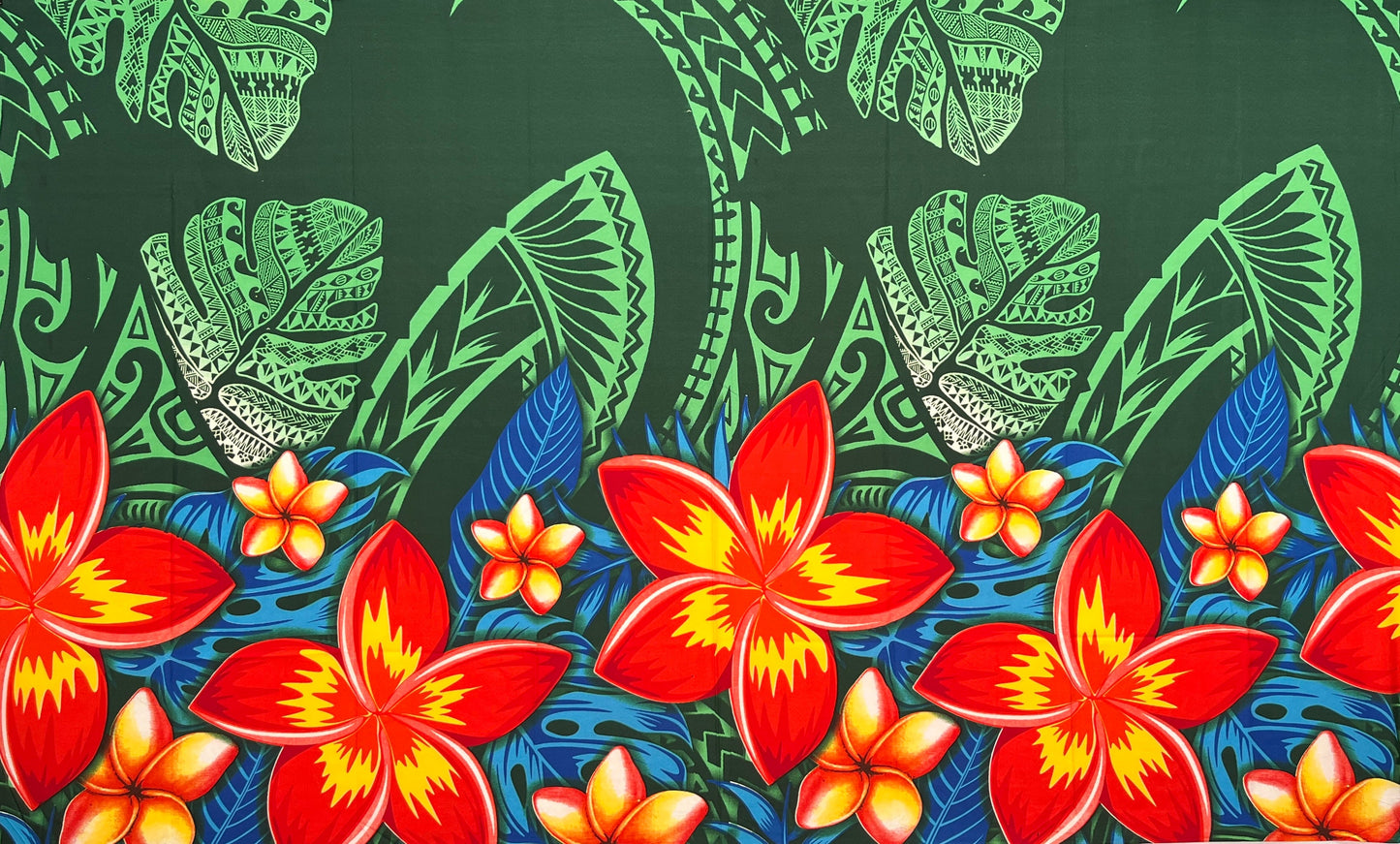 Tribal Tattoo Monstera leaves w/ Plumerias Sarong | Islands Fabric