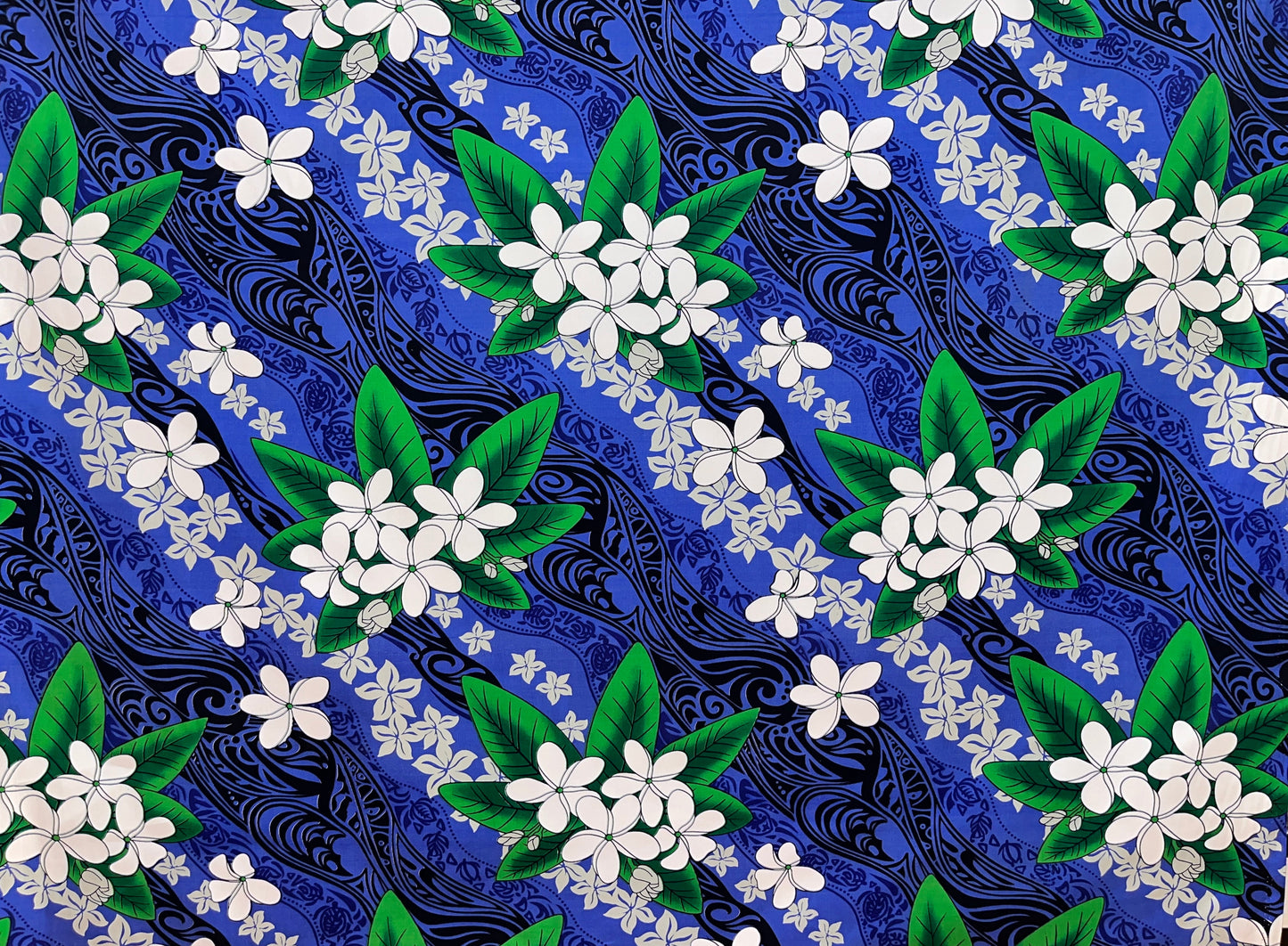 Tiare & Banana Leaf Tribal Design Cotton Fabric | Islands Fabric
