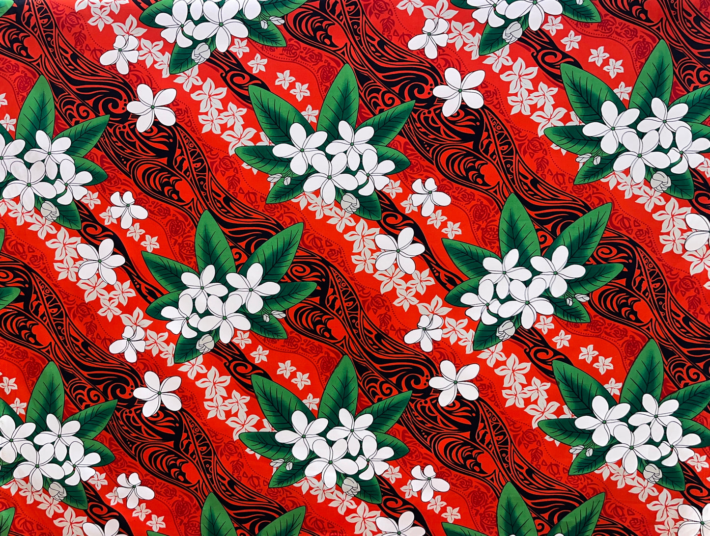 Tiare & Banana Leaf Tribal Design Cotton Fabric | Islands Fabric