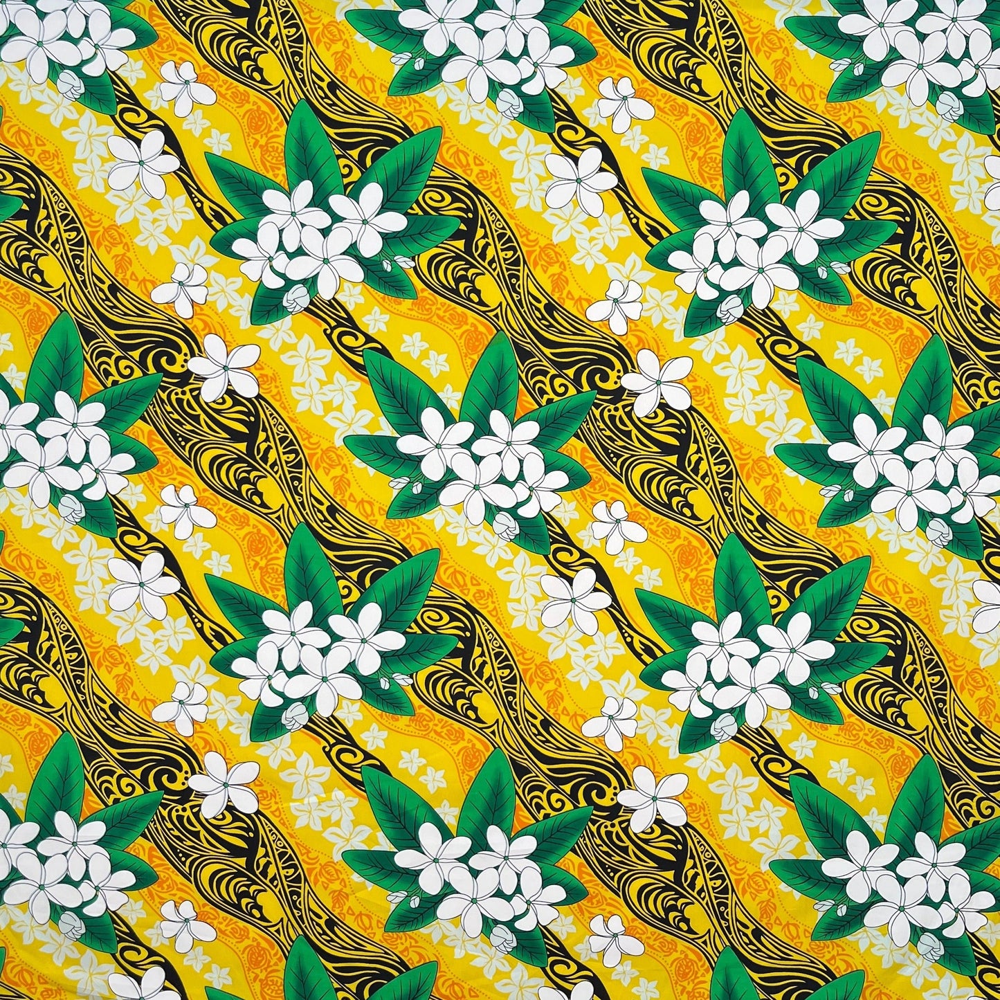Tiare & Banana Leaf Tribal Design Cotton Fabric | Islands Fabric