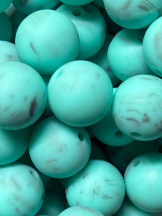 15mm Marble Teal & Gray Silicone Bead