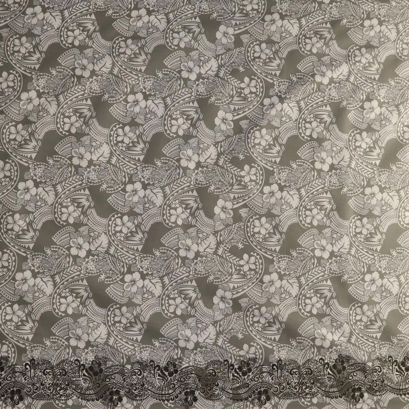 Polyensian Hibiscus & Plumeria Flowers Traditional Tattoo Single Border Fabric | Poly-Cotton