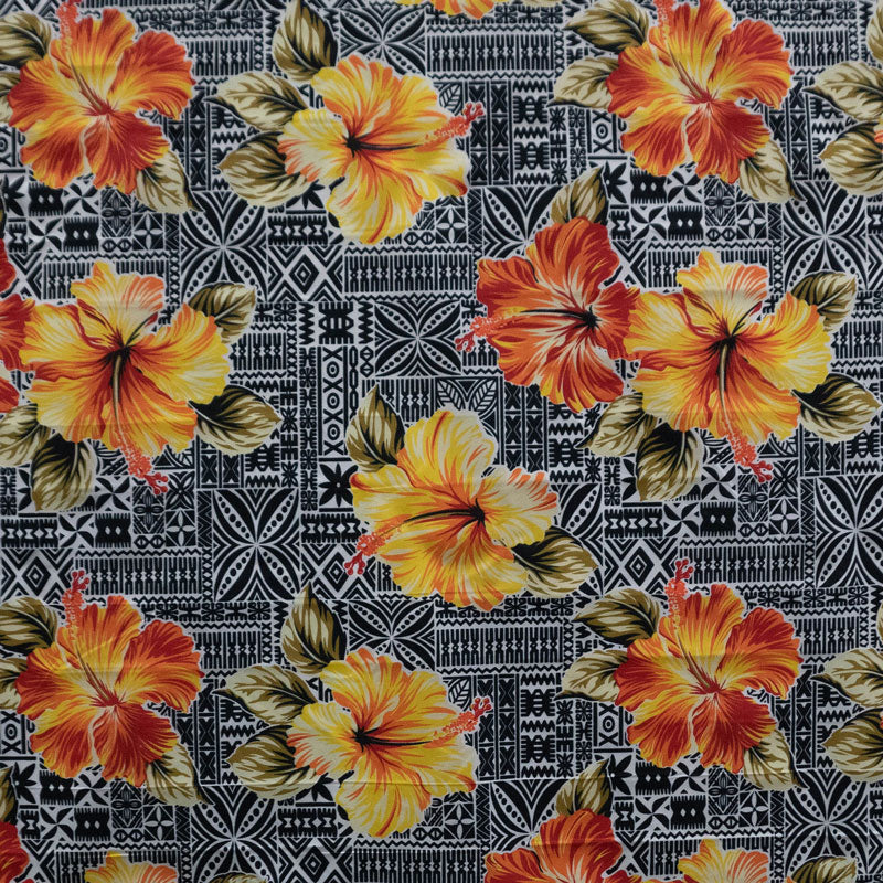 Hibisicus on traditional Tapa Polyester Fabric | Islands Fabric