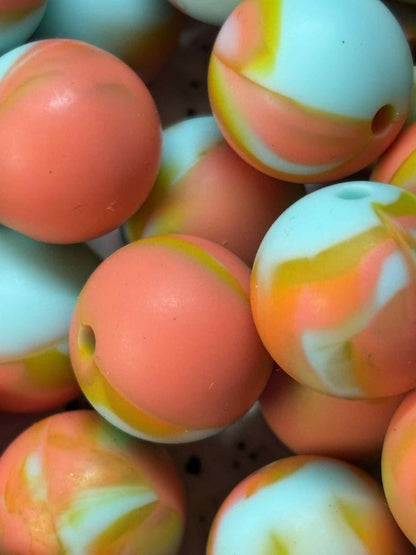 15mm Solid Marble Orange & Teal Silicone Bead A5