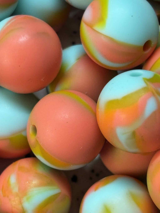15mm Solid Marble Orange & Teal Silicone Bead A5