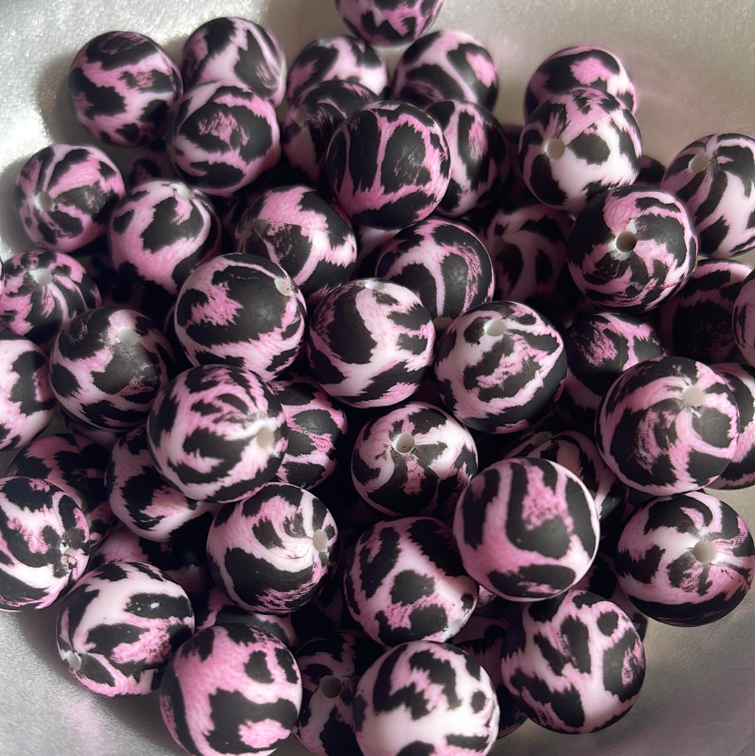 Silicone Bead Pink Cheetah P12 P03-69 - 15mm - 10 pack