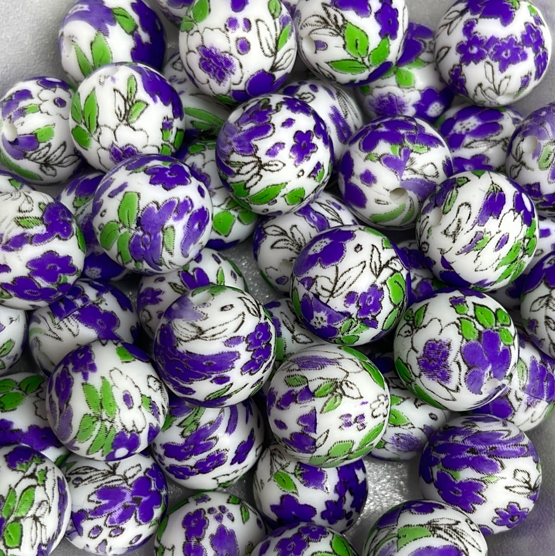 Silicone Bead Purple Daisies P27 P02-55 - 15mm - 10 pack