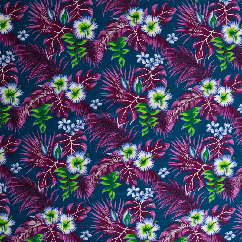 Hibiscus Plumeria Split Banana Palm Leaves Fabric | Rayon Poplin