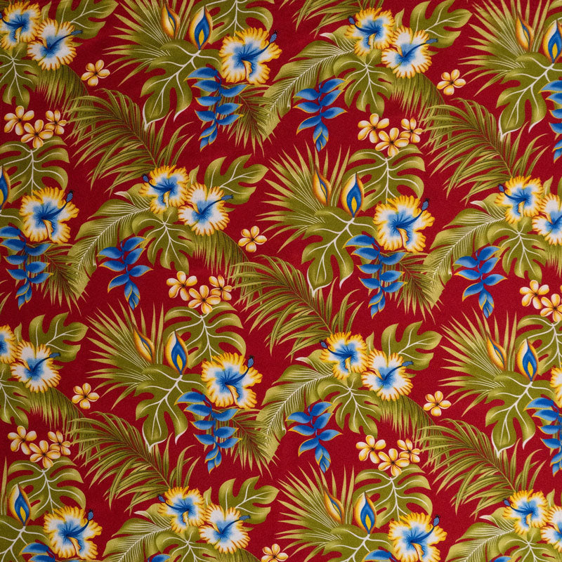 Hibiscus Plumeria Split Banana Palm Leaves Fabric | Rayon Poplin