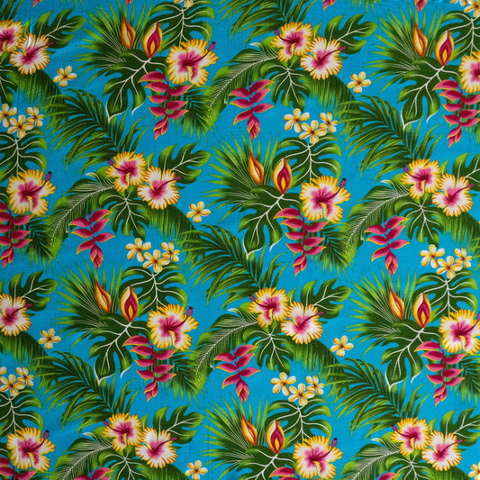 Hibiscus Plumeria Split Banana Palm Leaves Fabric | Rayon Poplin