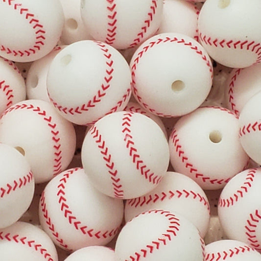 15mm Printed Baseball Silicone Bead  - 10 Count