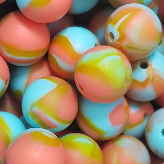 15mm Marble Orange Teal Silicone Bead 10 Count