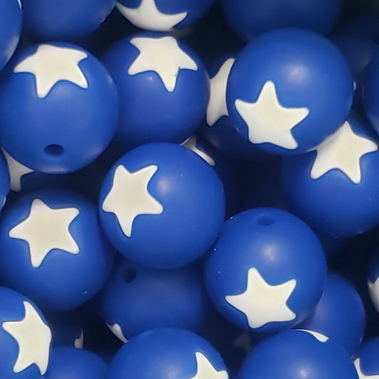 15mm Printed Silicone Bead Navy Star - 10 Count